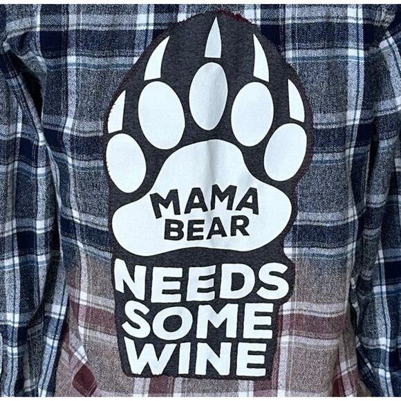 Mama Bear Needs Wine Plaid Flannel Shirt Shacket SMALL Classic Oversize Unique - Picture 2 of 5